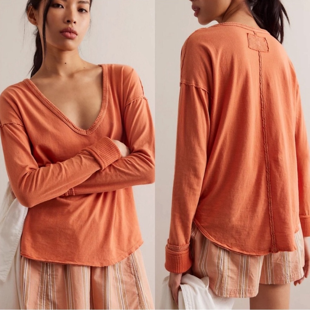 Free People Coastal Crusing Long Sleeve Tee in Hot Tea NWOT Size XL $60.…